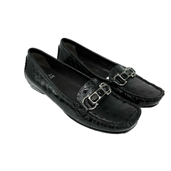 Stuart Weitzman Patent Leather Croc Embossed Wedge Buckle Loafer Shoes Women’s 4